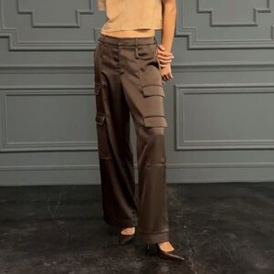 The Noli Shop Milan Satin Wide Leg Cargo Pant Brown Satin Size 12